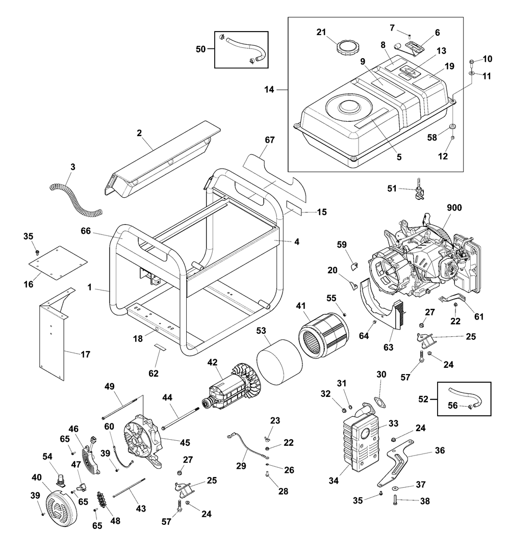 Main Unit Diagram and Parts List for 030748-02  Briggs and Stratton Generator
